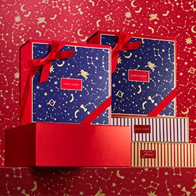 Boxes with Estee Lauder gift wrap stacked on top of each other with a red background