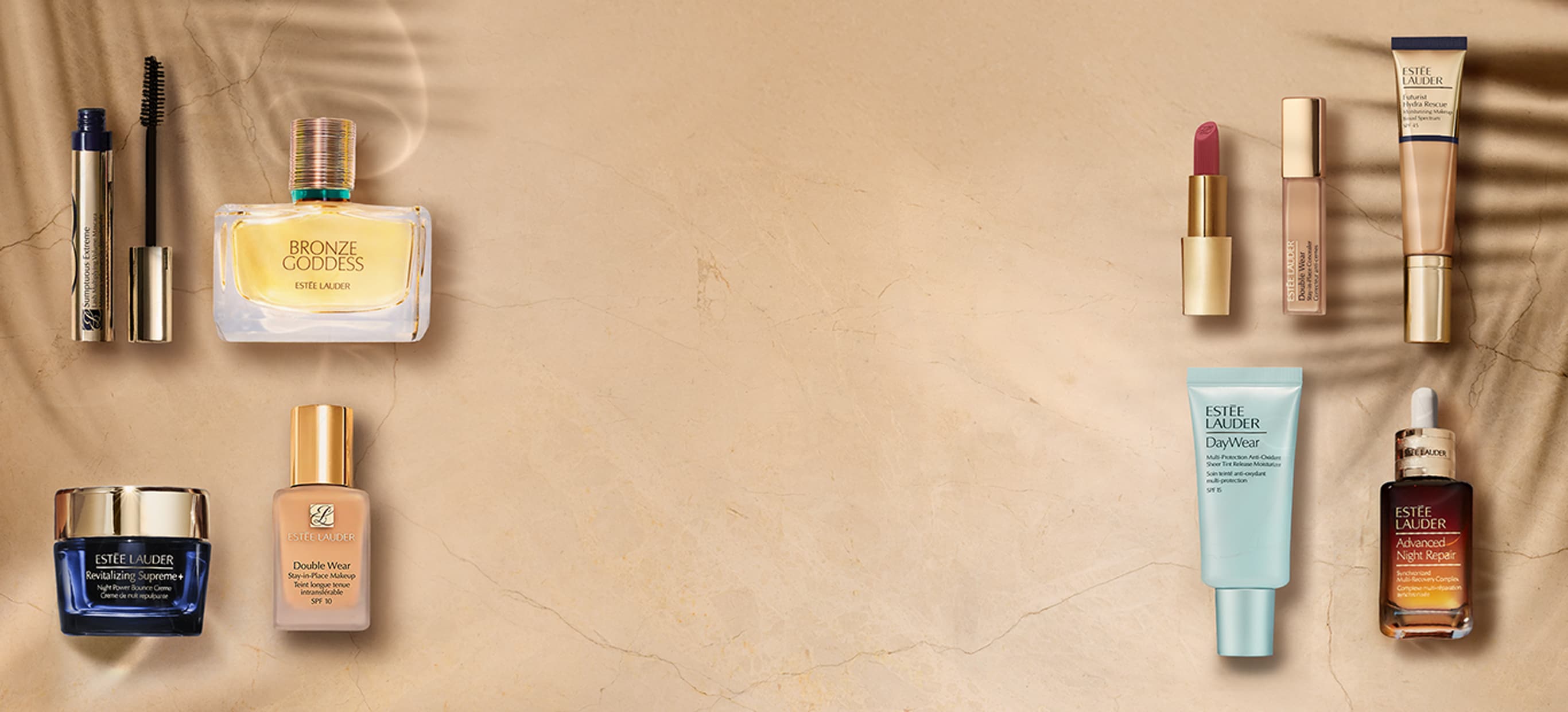 Estée Lauder bestsellers on bronze background