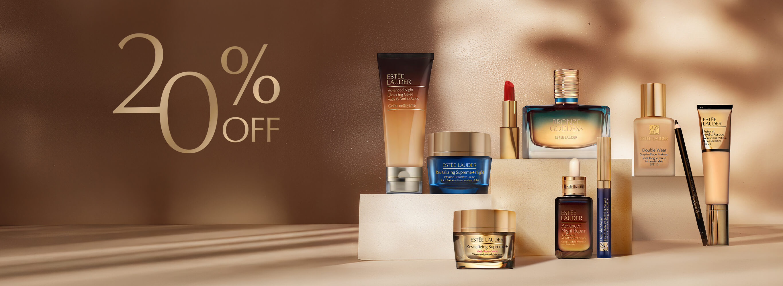Estée Lauder bestsellers on brown and bronze background