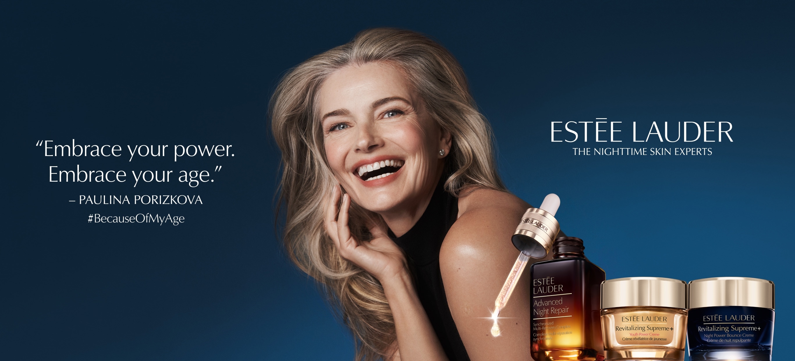 Paulina Porizkova on a blue background