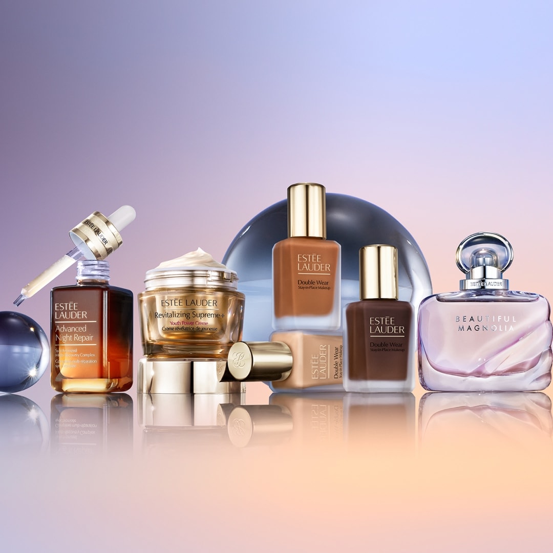 Estee Lauder best seller products, inlcuding a foundation, serum and fragrance.