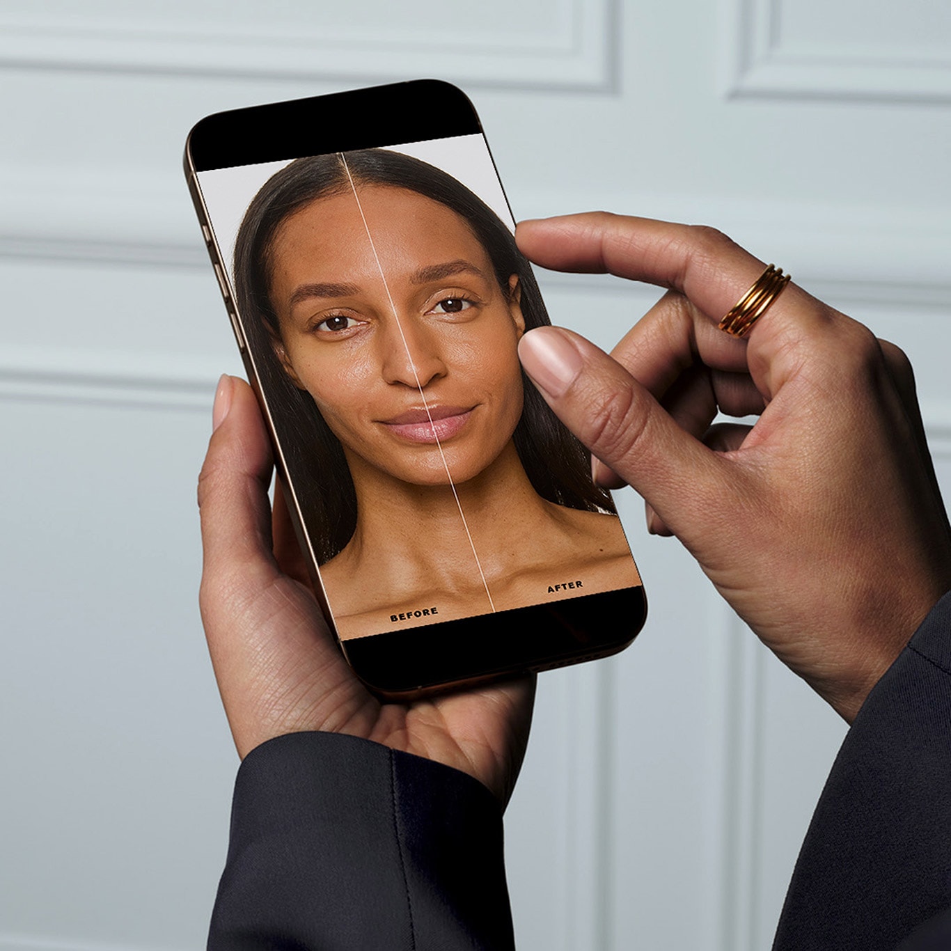 Women showing the before and after when using foundation