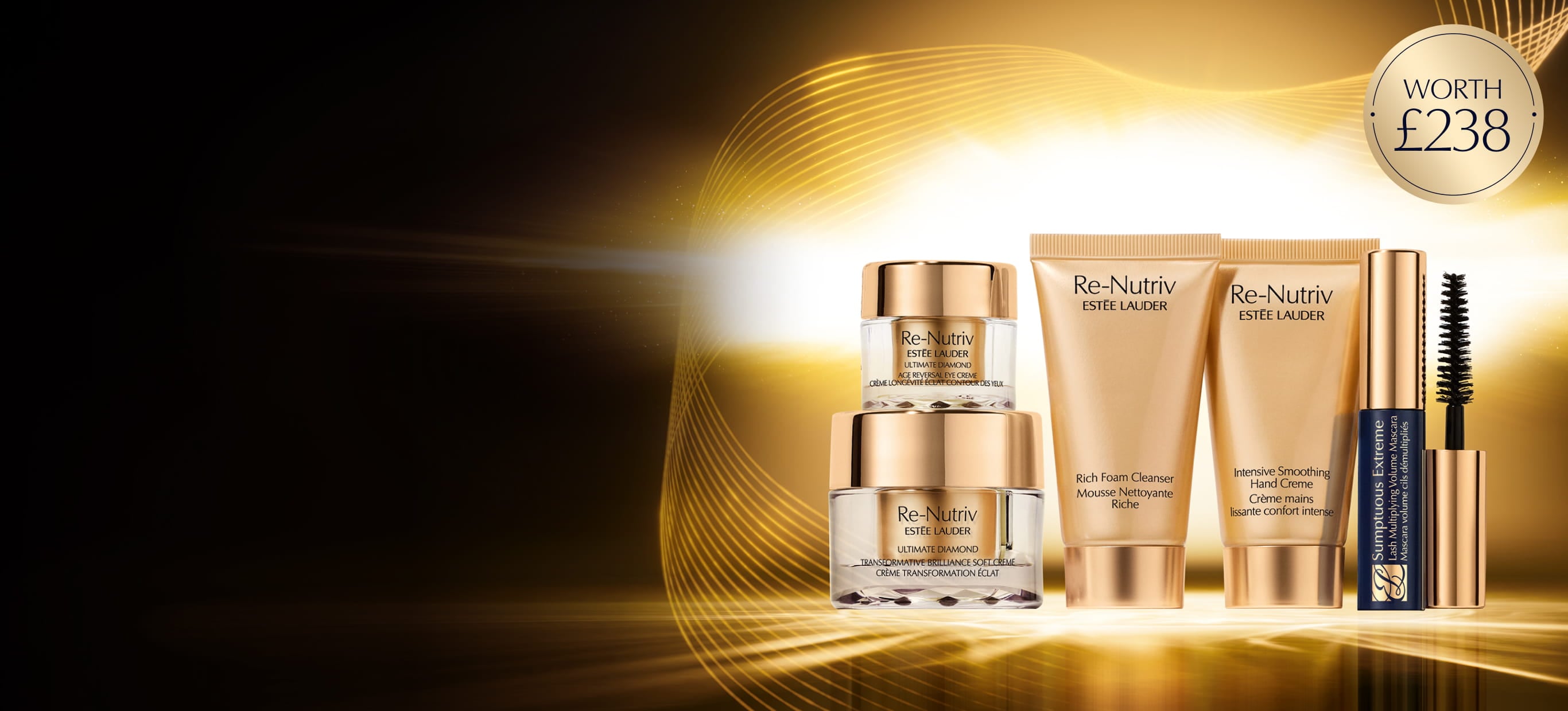 Estee Lauder Re Nutriv products on a black and gold background