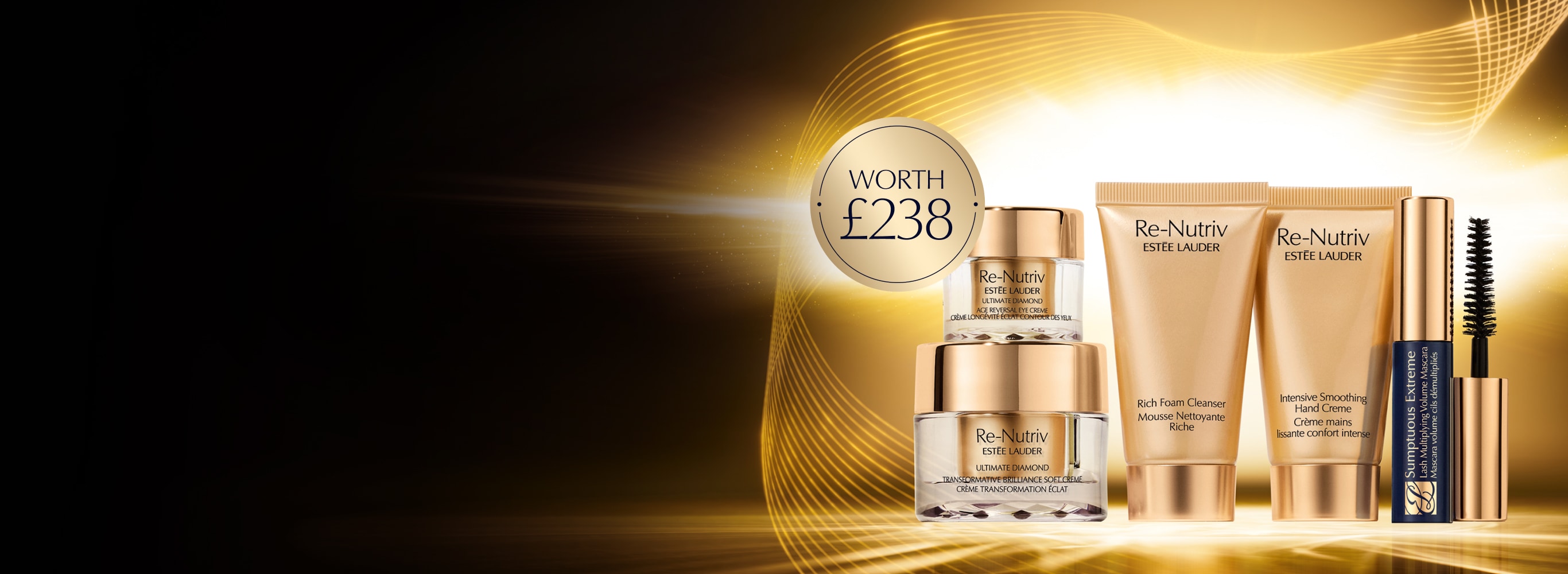 Estee Lauder Re Nutriv products on a black and gold background
