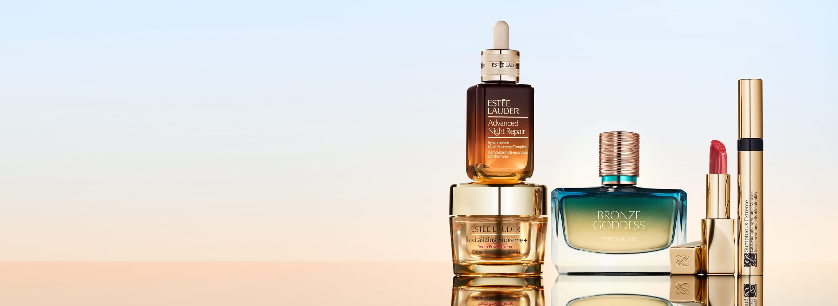 Estée Lauder bestsellers on blue background