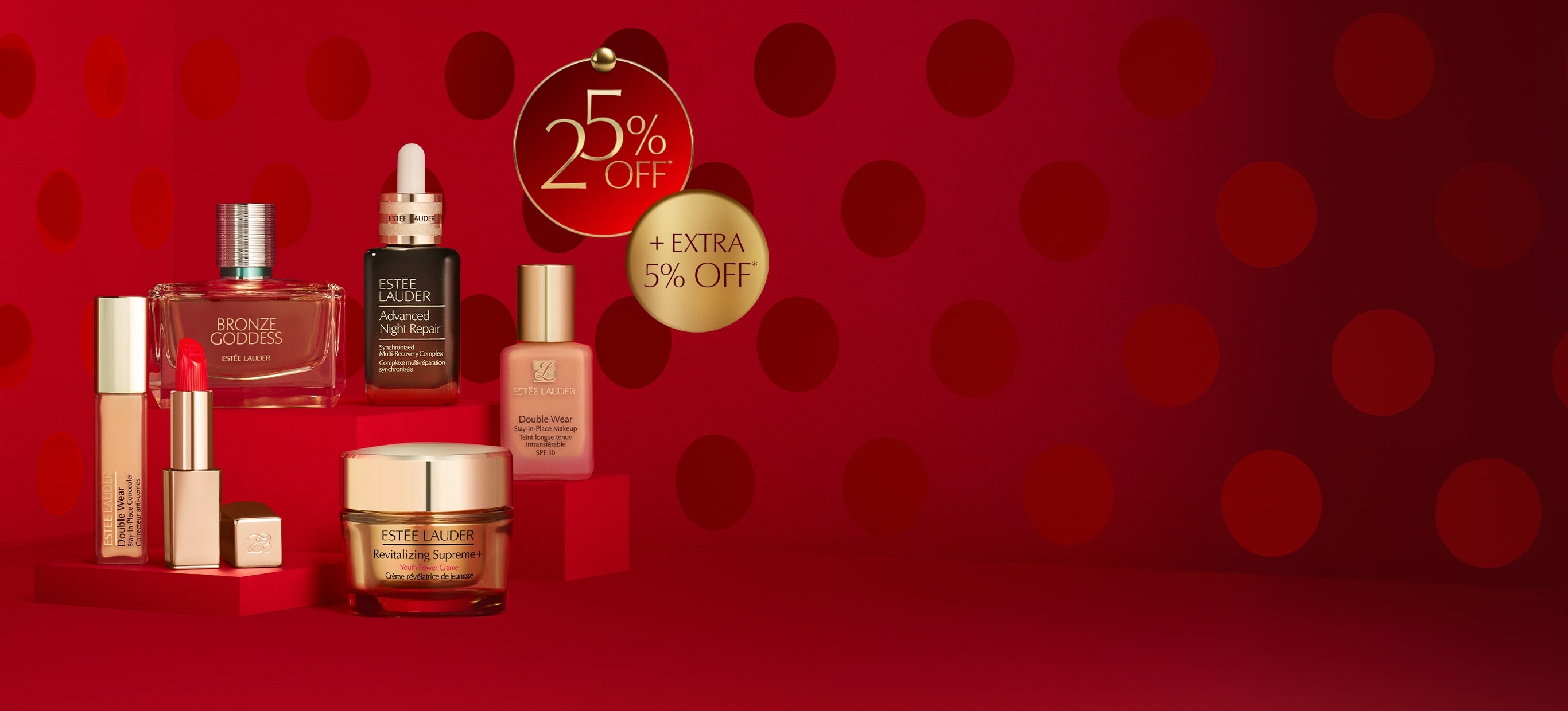 6-piece collection on a red background.