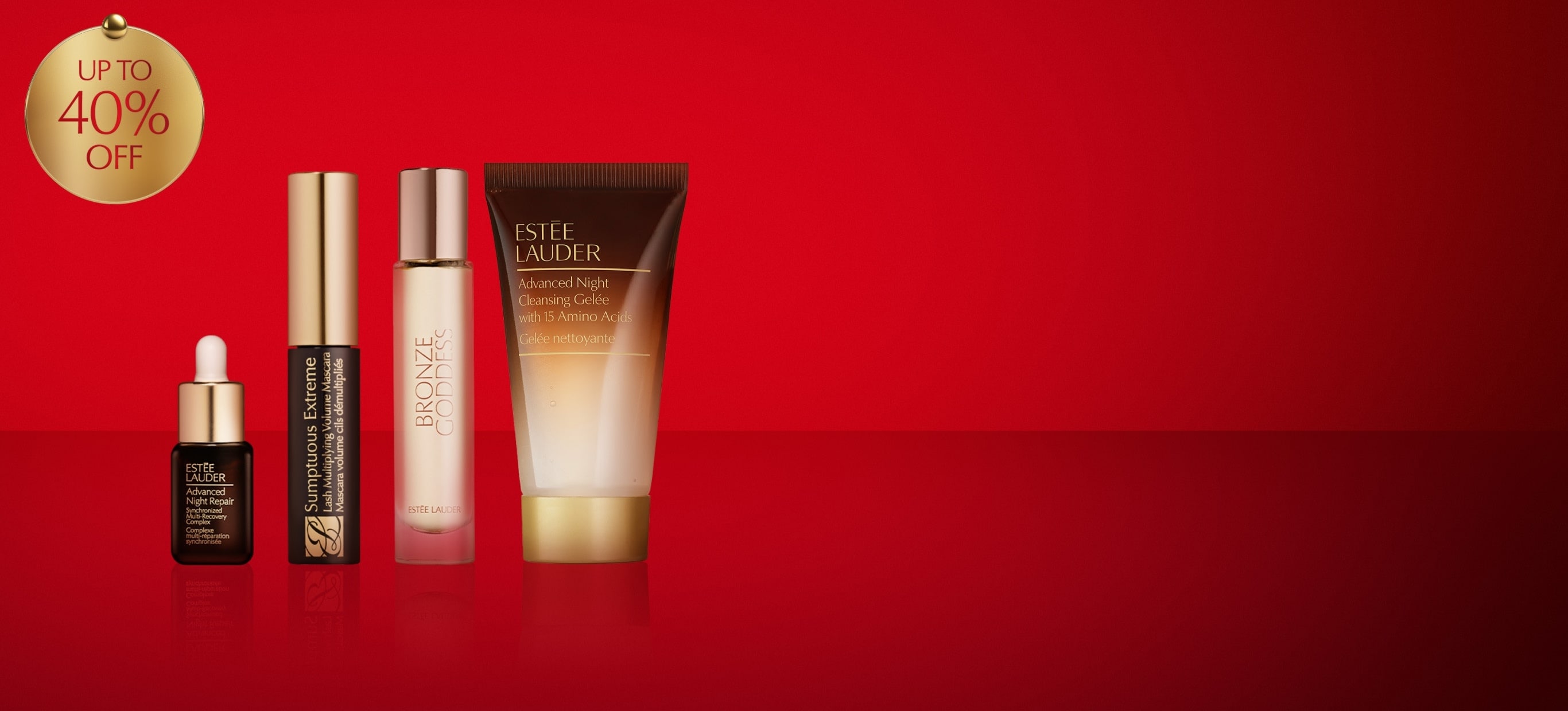 Estée Lauder minis on a red background.