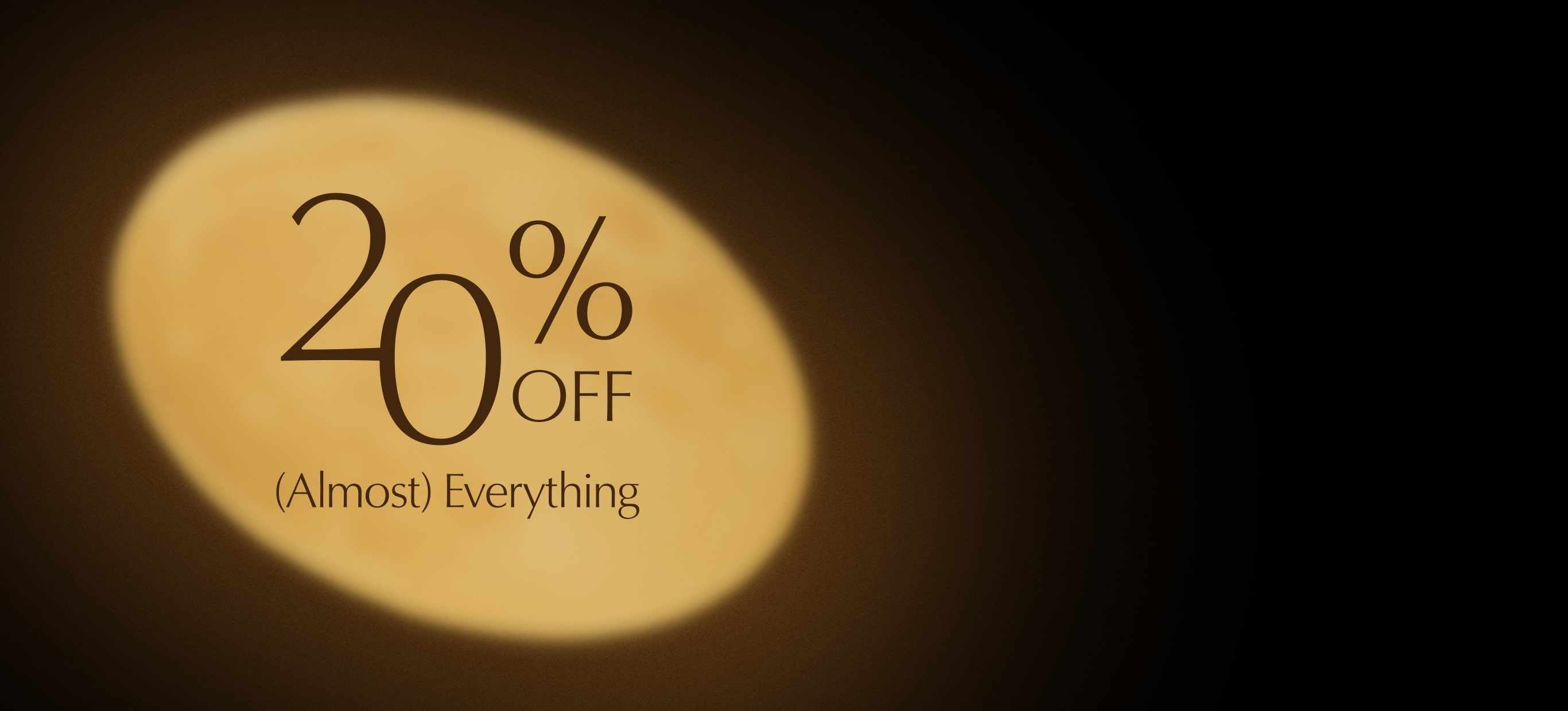 20% Off Almost Everything lit up by a spotlight on a dark background