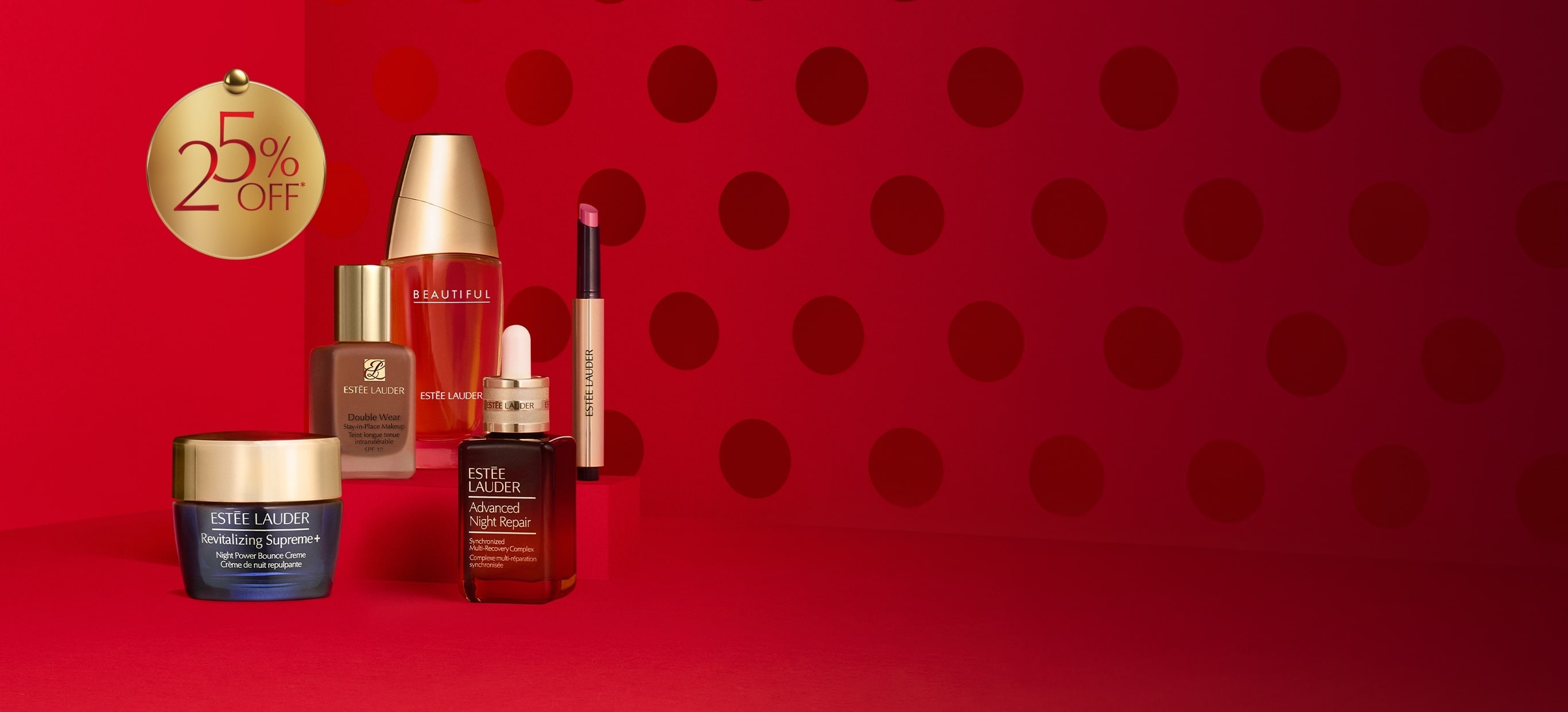 6-piece collection on a red background.