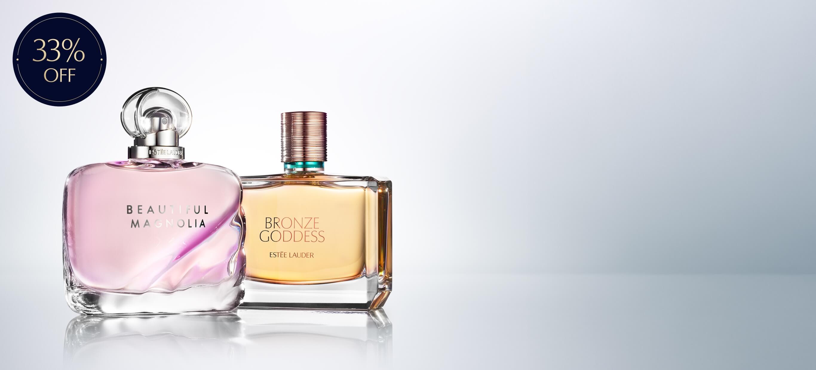 Estee Lauder fragrances set on a grey background