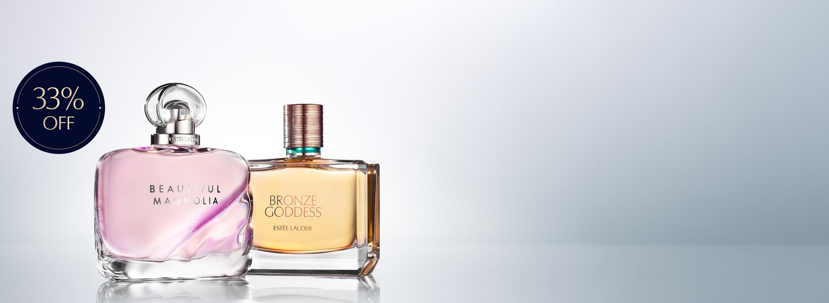 Estee Lauder fragrances set on a grey background