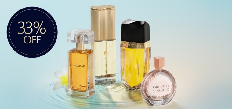Estee Lauder fragrances set on a blue background