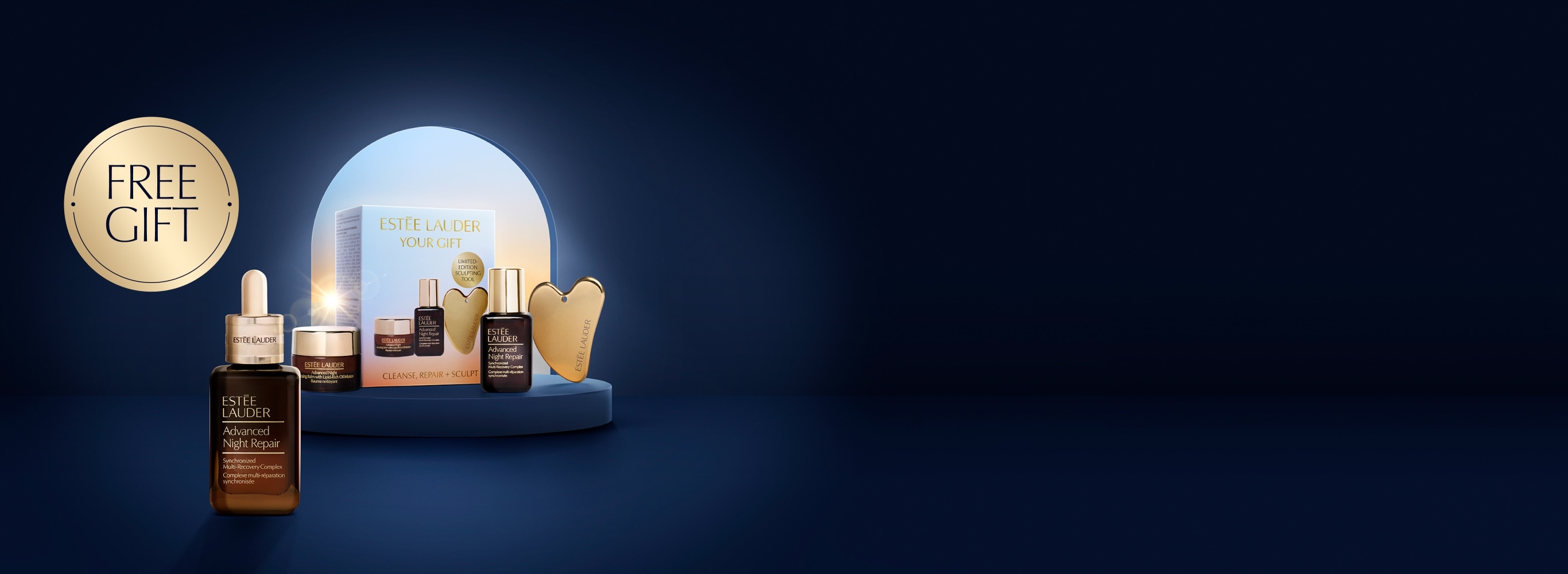 Estee Lauder Skincare sculpting set on a dark blue background