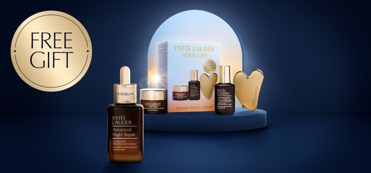 Estee Lauder Skincare sculpting set on a dark blue background