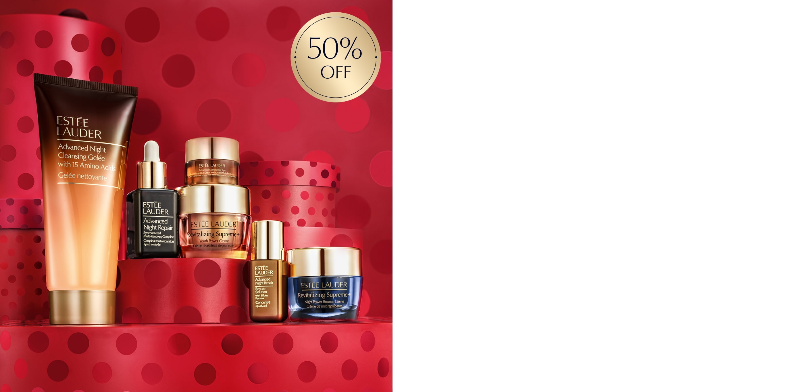 6-piece collection, including a full-size Cleanser, Advanced Night Repair favourites on a red background.