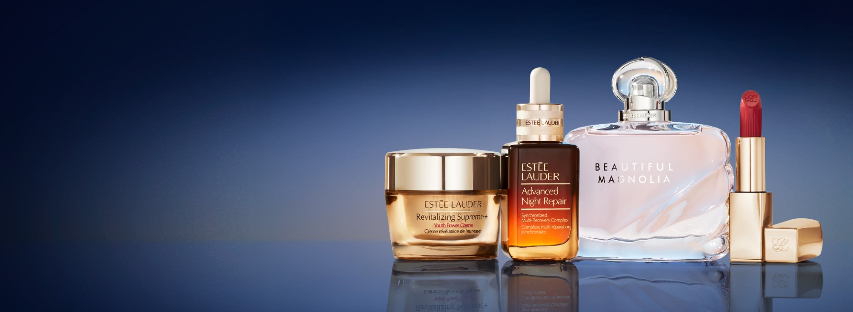 Estée Lauder bestsellers on blue background
