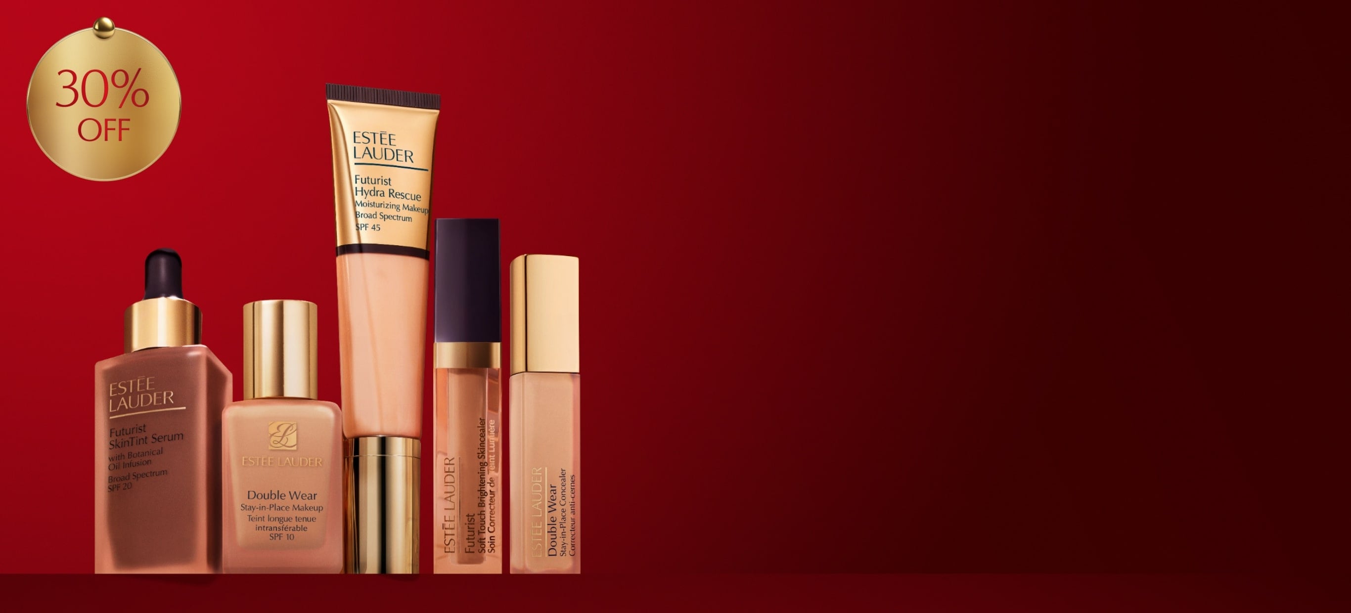 Estée Lauder foundations and concealers on a red background.
