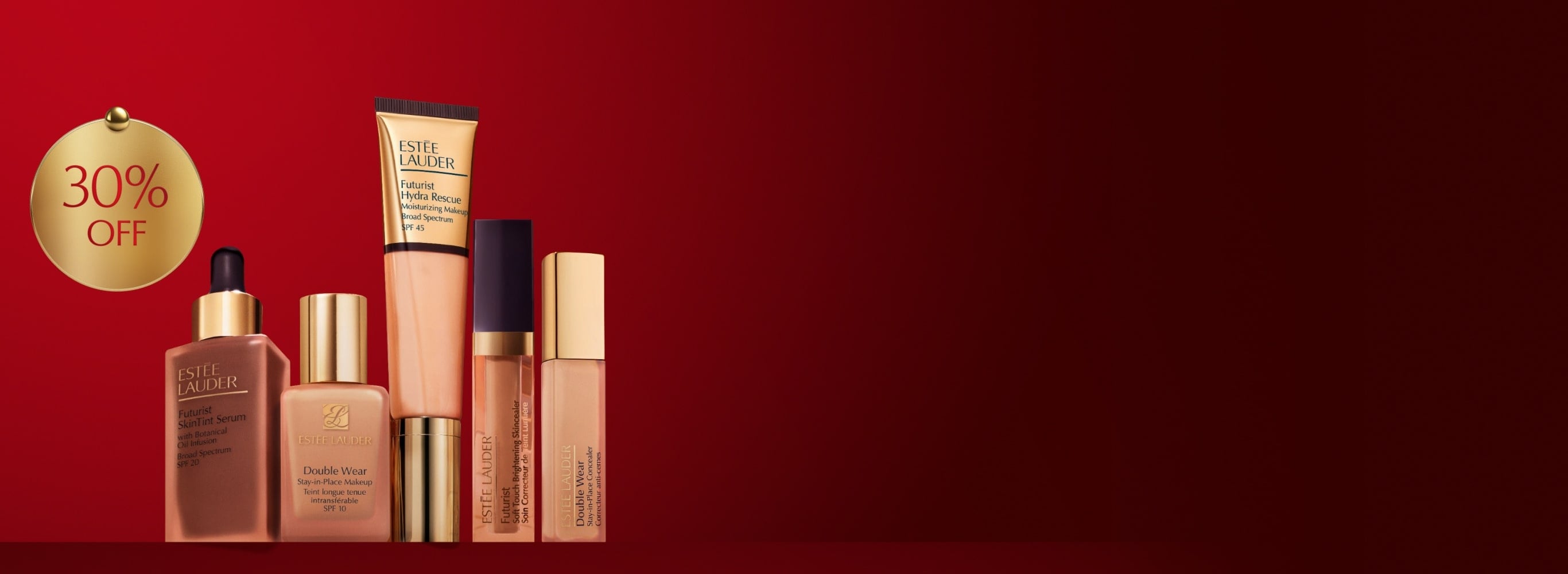 Estée Lauder foundations and concealers on a red background.