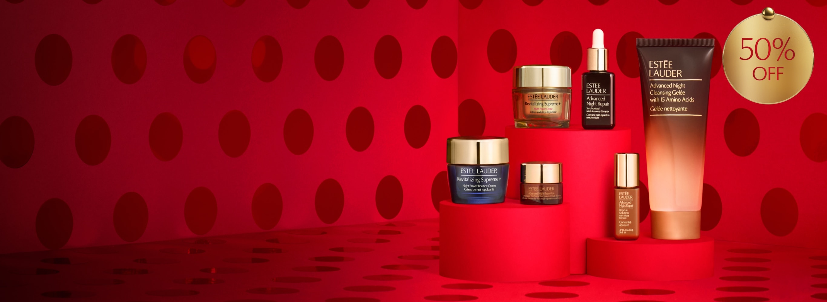 6-piece collection, including a full-size Cleanser, Advanced Night Repair favourites on a red background.
