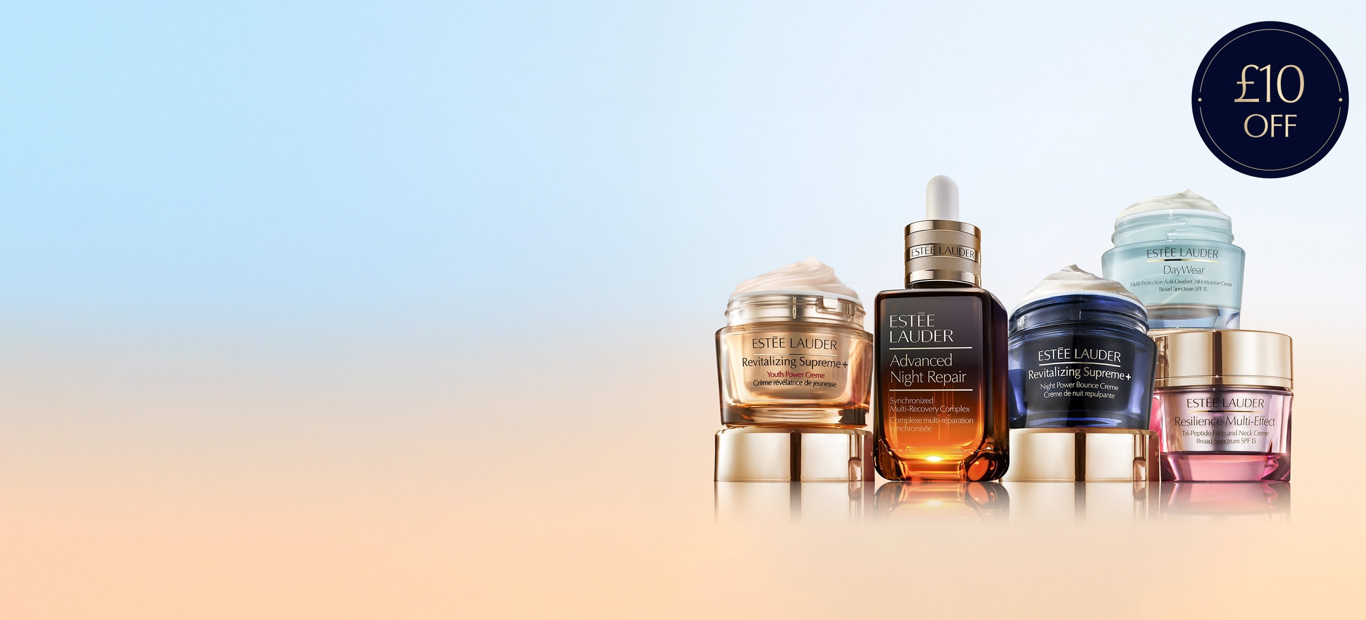 Estée Lauder moisturisers and serums on a light blue and orange background