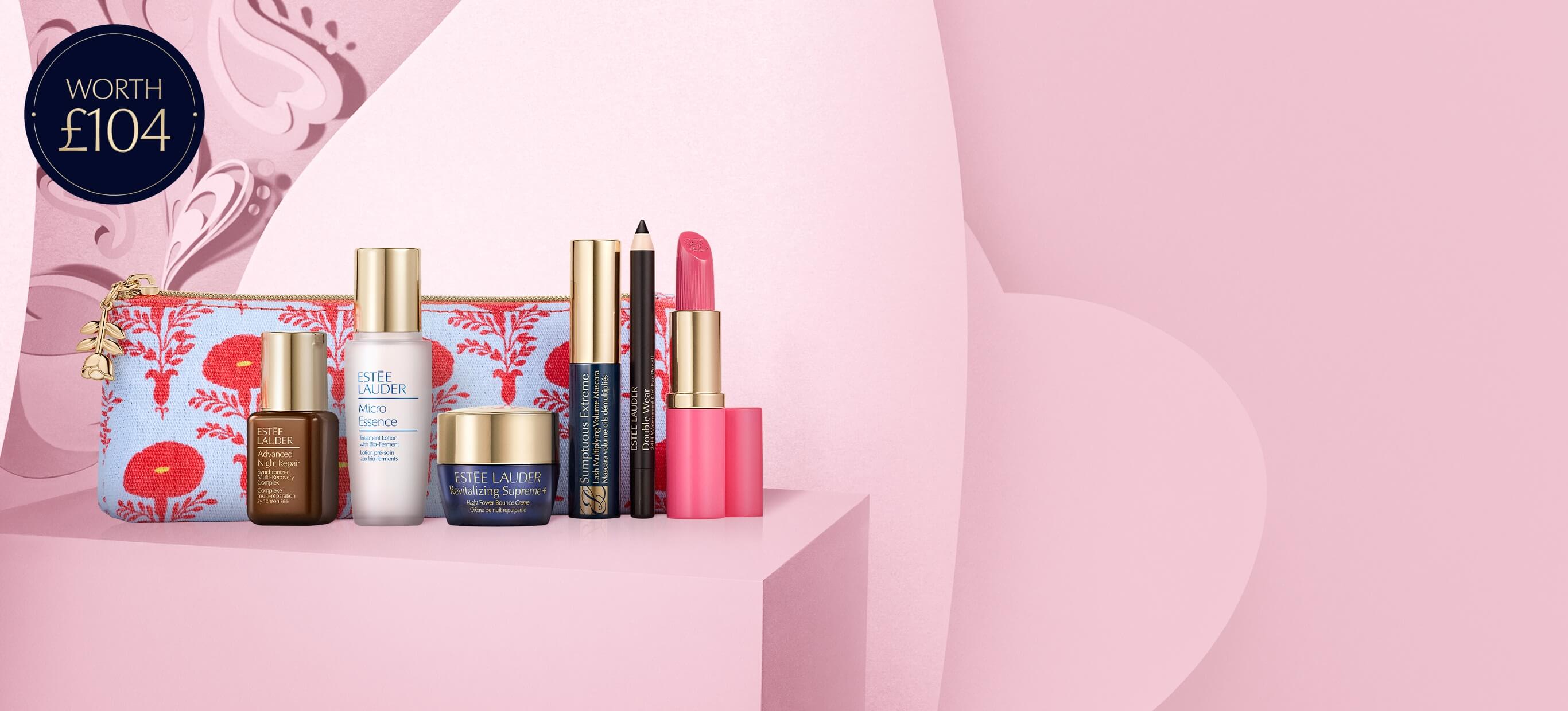 Estee Lauder Valentines set on a pink background with hearts