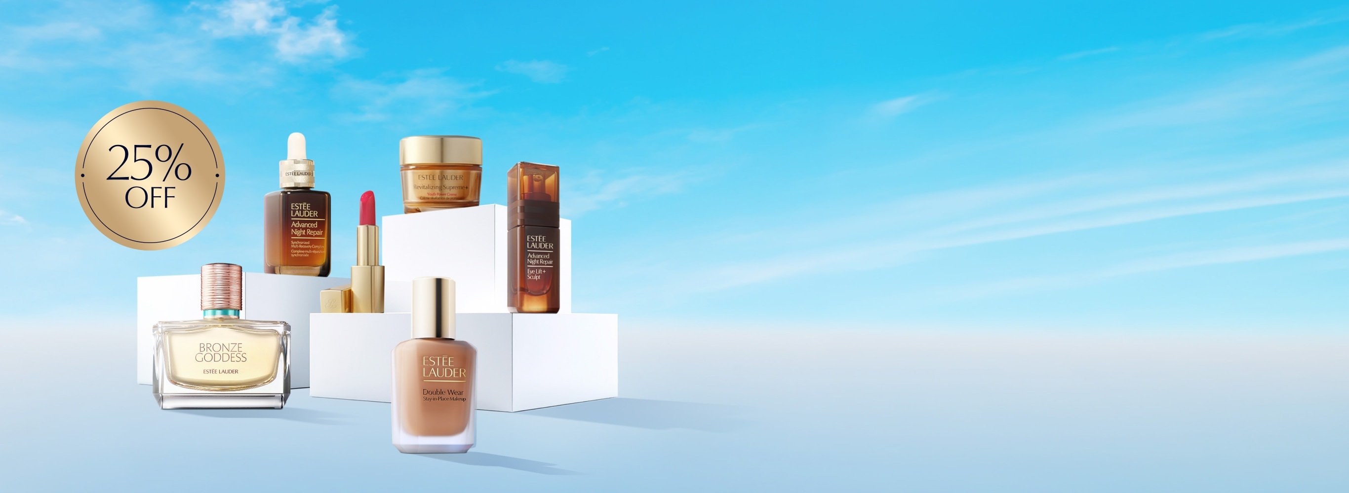 A selection of Estee Lauder products on a blue background