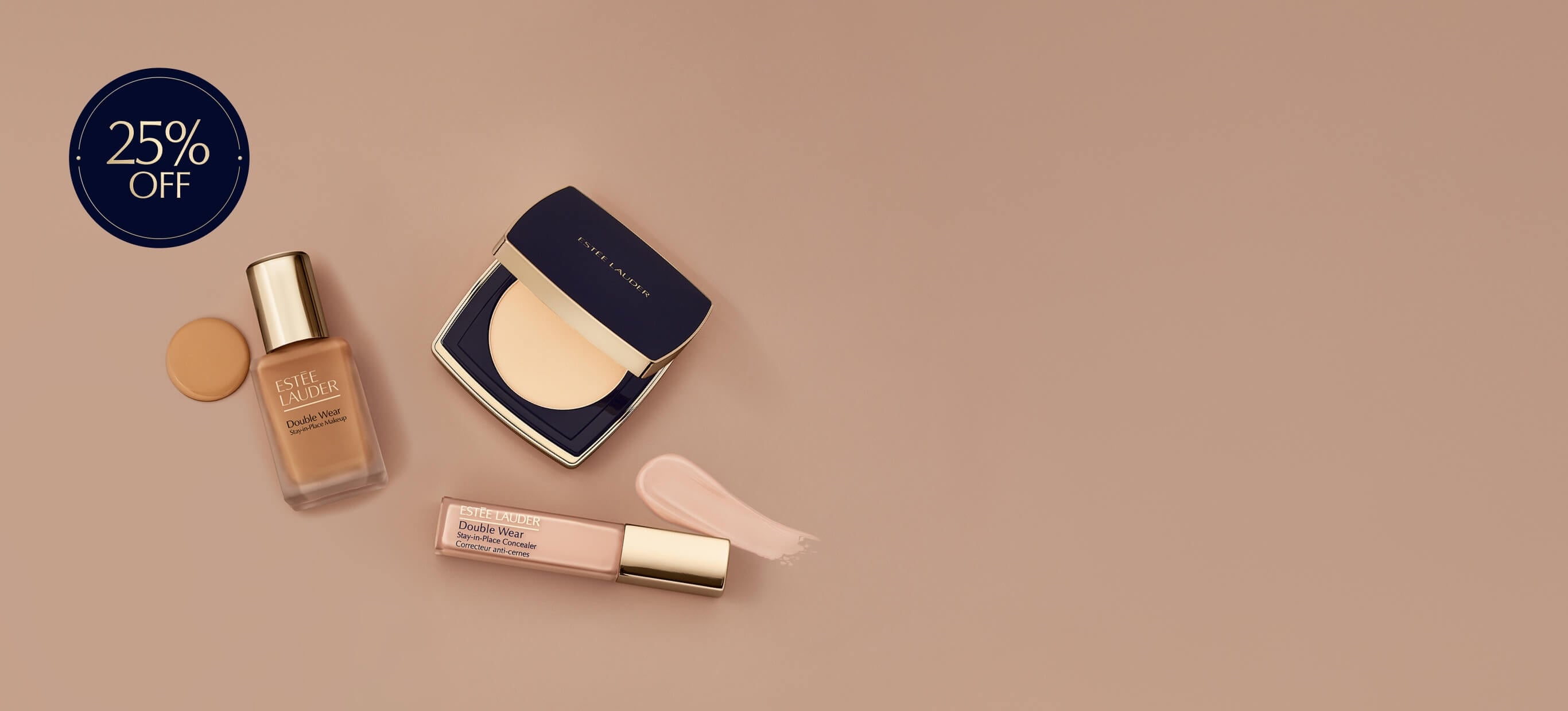 A selection of Estee Lauder foundation products on a grey background