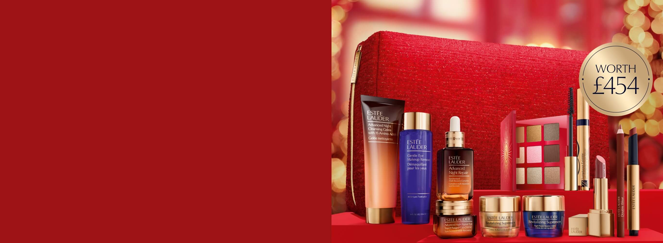 A selection of Estee Lauder products on a red background