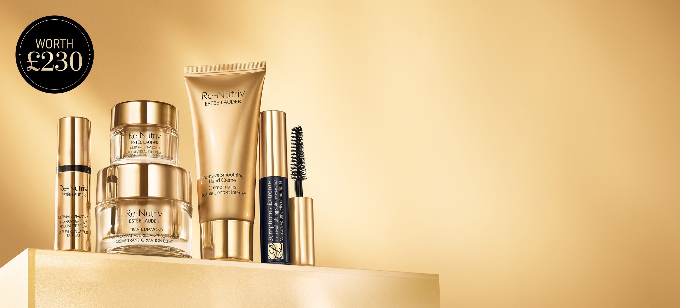 A selection of Estee Lauder Re-Nutriv products on a golden background