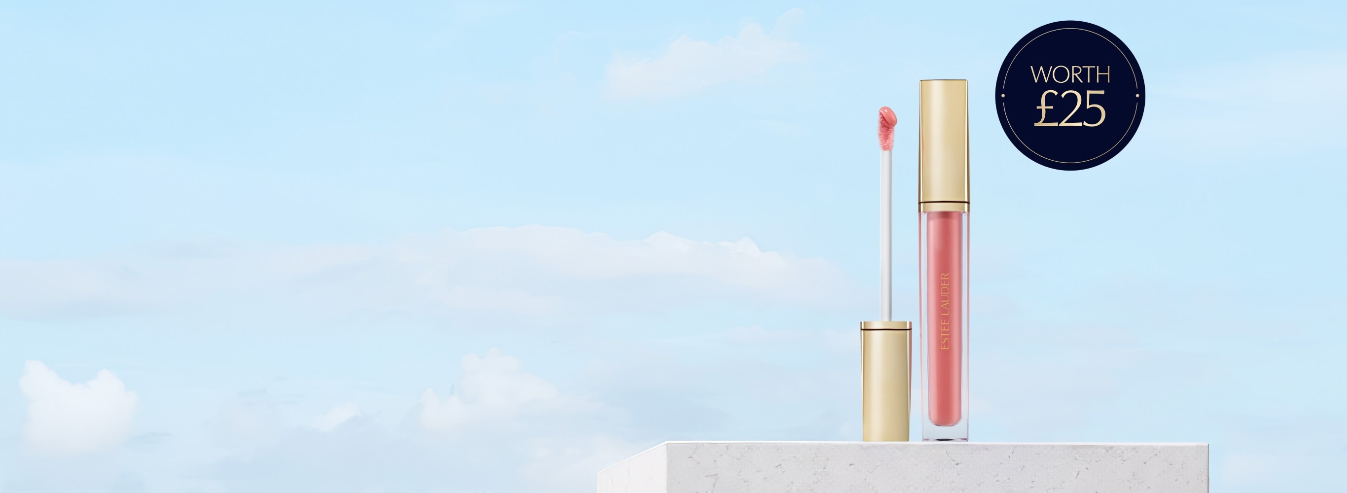 A selection of Estee Lauder products on a blue background