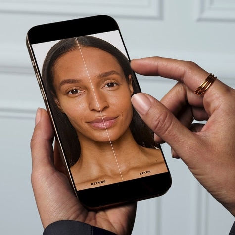 The Find Your Shade instant Virtual Try-On Tool in use on a mobile phone.