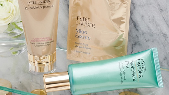 Collection of Estée favourites on a bathroom shelf