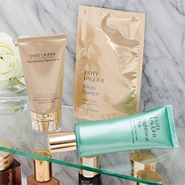 Collection of Estée favourites on a bathroom shelf