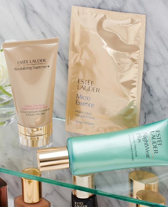 Collection of Estée favourites on a bathroom shelf