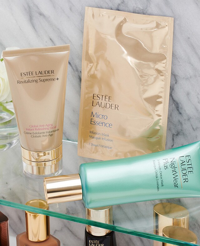 Collection of Estée favourites on a bathroom shelf