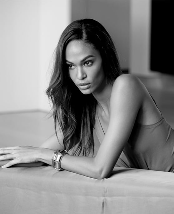 Black and white image of Joan Smalls 