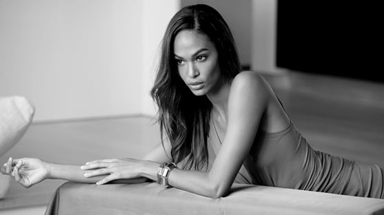 Black and white image of Joan Smalls 