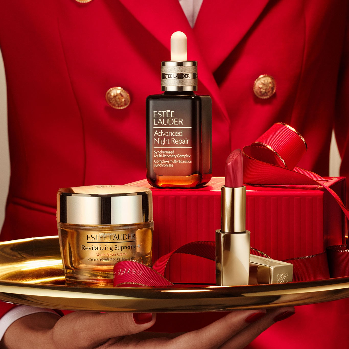 Estee Lauder best seller products, inlcuding a foundation, serum and fragrance.