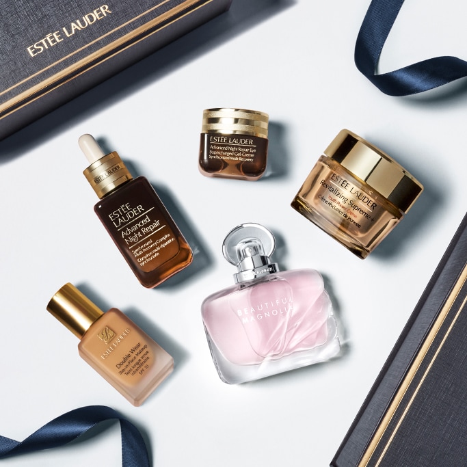Estee Lauder best seller products, inlcuding a foundation, serum and fragrance.